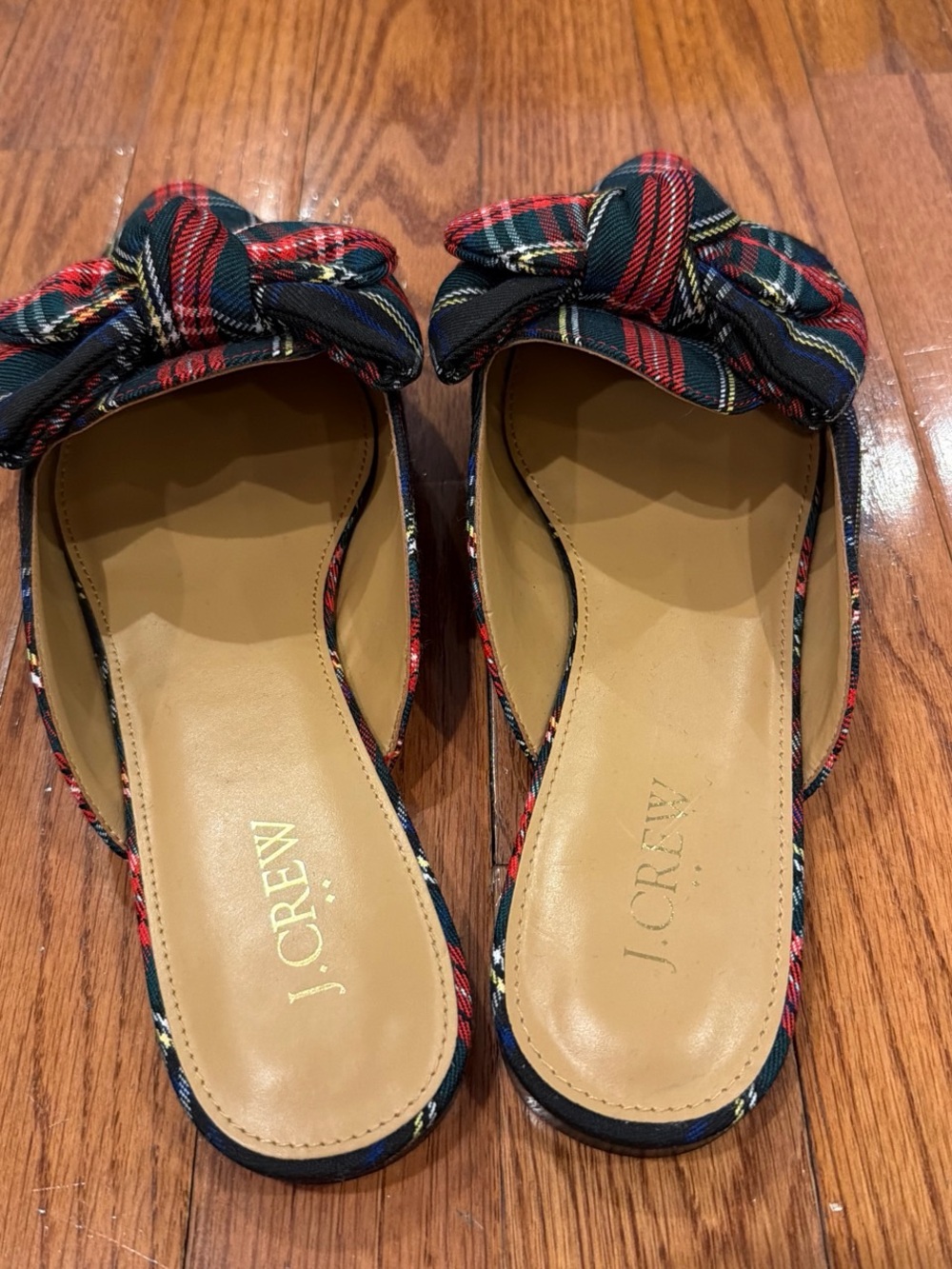 J. Crew Navy and Red Plaid Bow Slide Mules